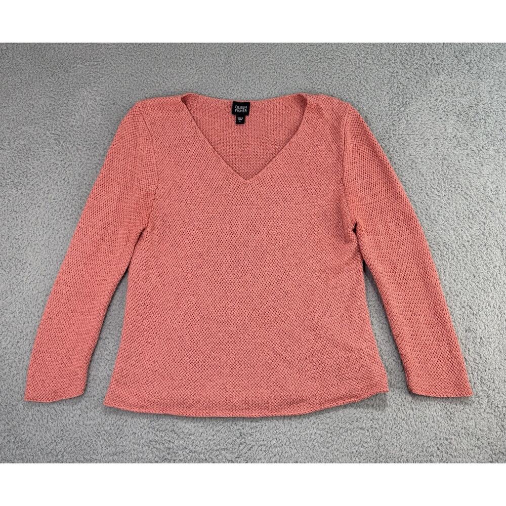 Eileen Fisher Textured Open Knit V-Neck Sweater Silk Nylon Salmon Pink Sz Large
